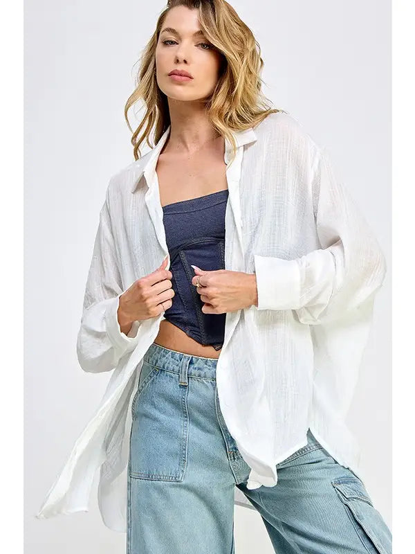 Beach Bound Button Down White