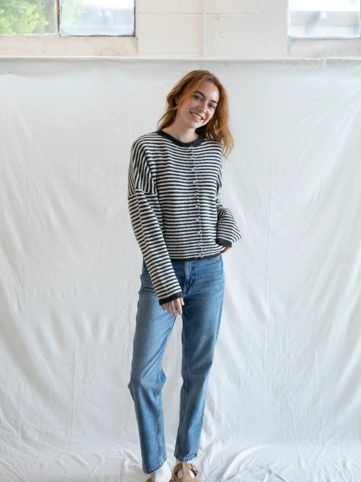 Lainey Cardigan Charcoal Stripe