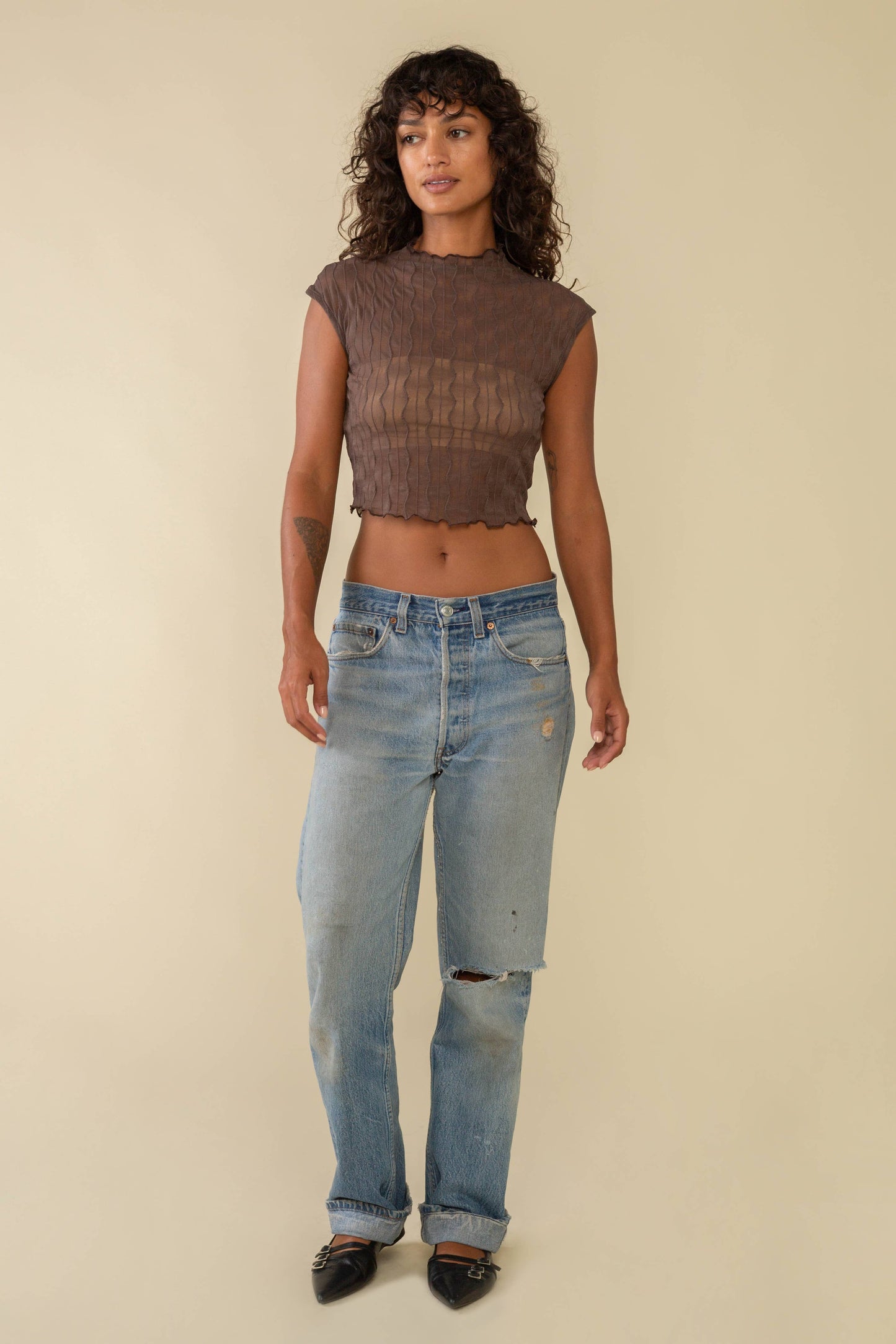 Mila Mesh Top Brown