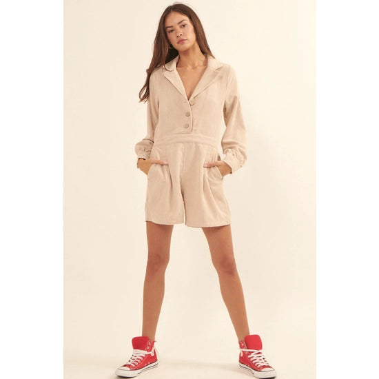 Lapel Button Front Corduroy Romper