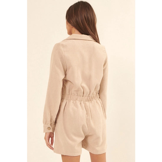 Lapel Button Front Corduroy Romper