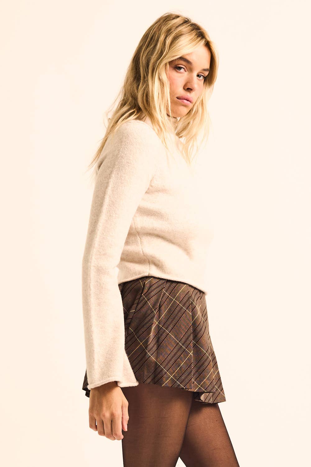 Promesa USA - Solid Knit Mock-Neck Bell-Sleeve Rolled-Edge Crop Sweater: Oatmeal / L