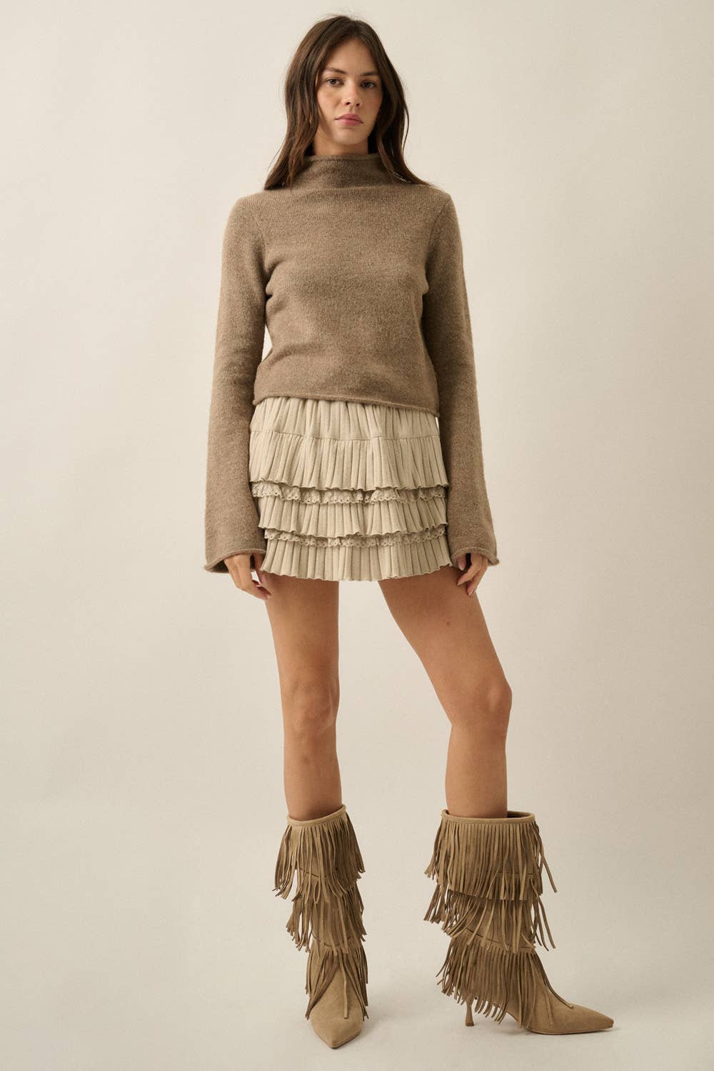 Promesa USA - Solid Knit Mock-Neck Bell-Sleeve Rolled-Edge Crop Sweater: Oatmeal / L