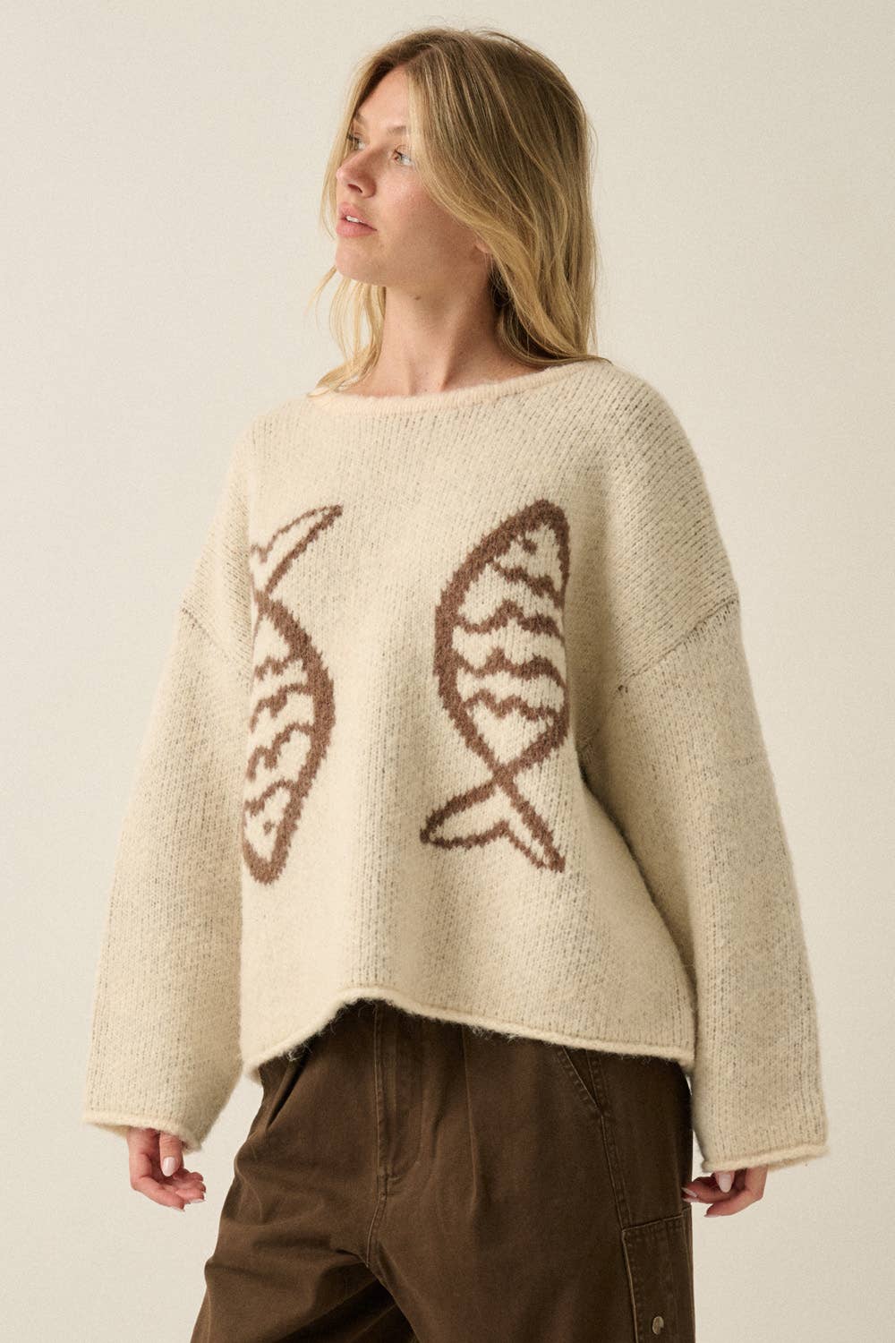 Promesa USA - Fish Jacquard-Knit Drop-Shoulder Rolled-Edge Sweater: Taupe / L