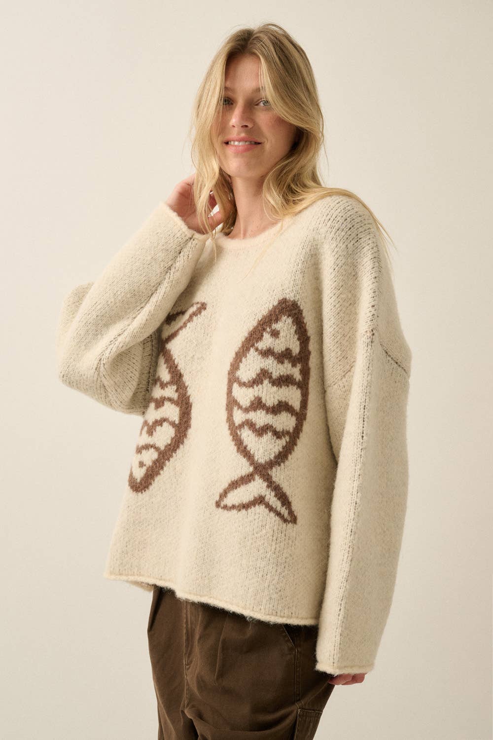 Promesa USA - Fish Jacquard-Knit Drop-Shoulder Rolled-Edge Sweater: Taupe / L