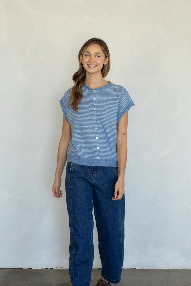True Tides Cardigan Dusty Blue Stripe