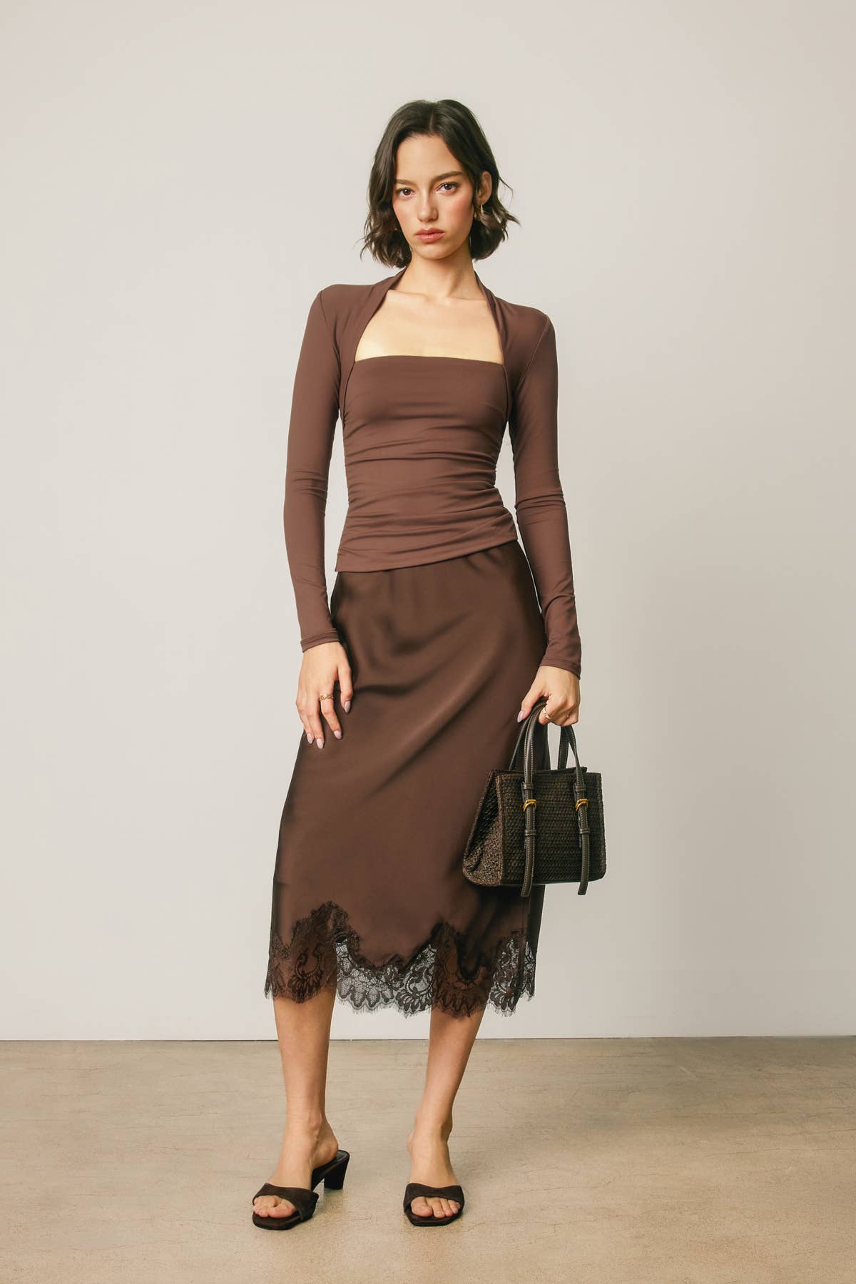 Dress Forum - Queen Anne Ruched Long Sleeve Top: CHOCOLATE / S-M-L(2-2-2)