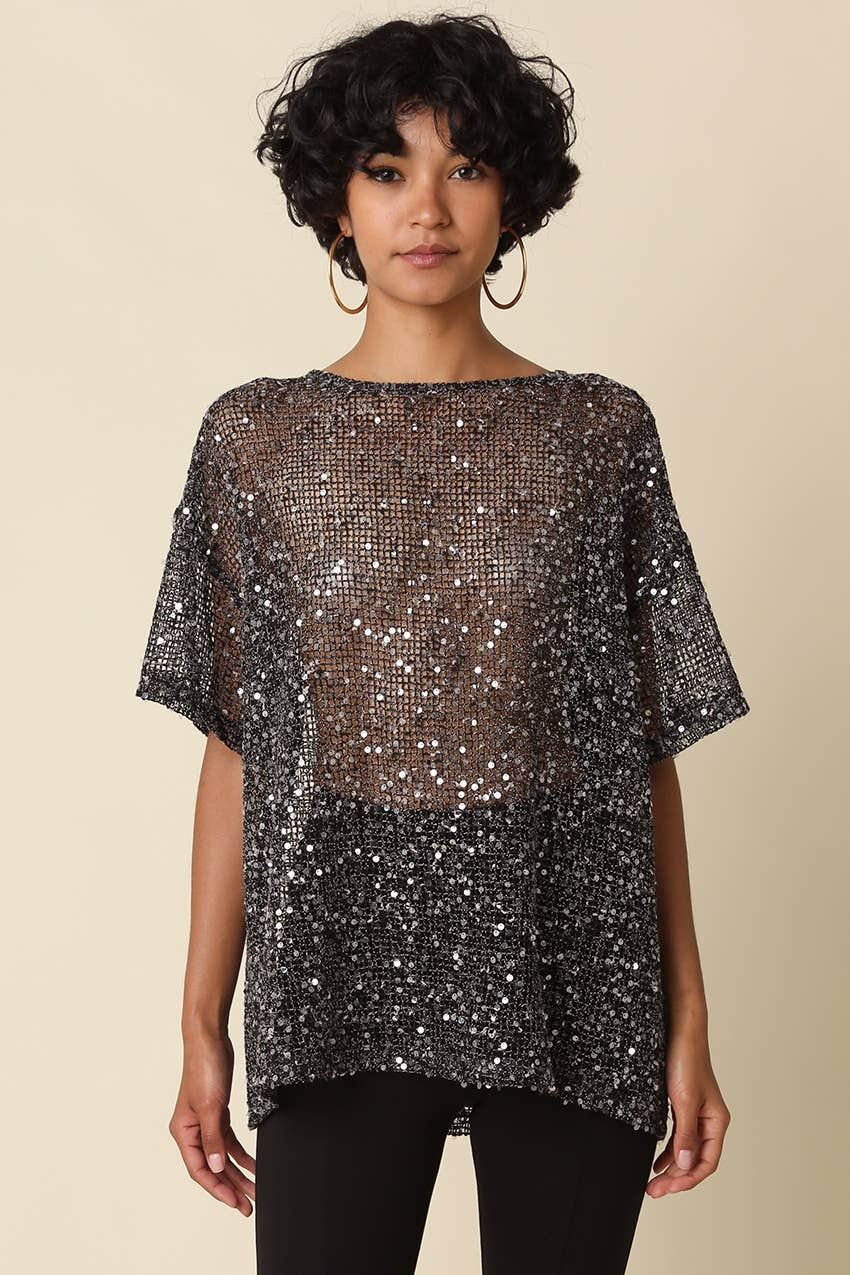 Rena Sequin Mesh Top Black