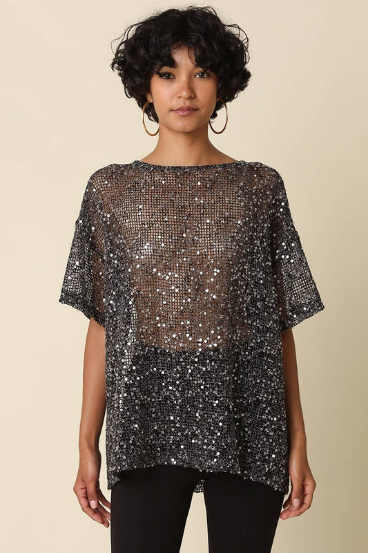 Rena Sequin Mesh Top Black