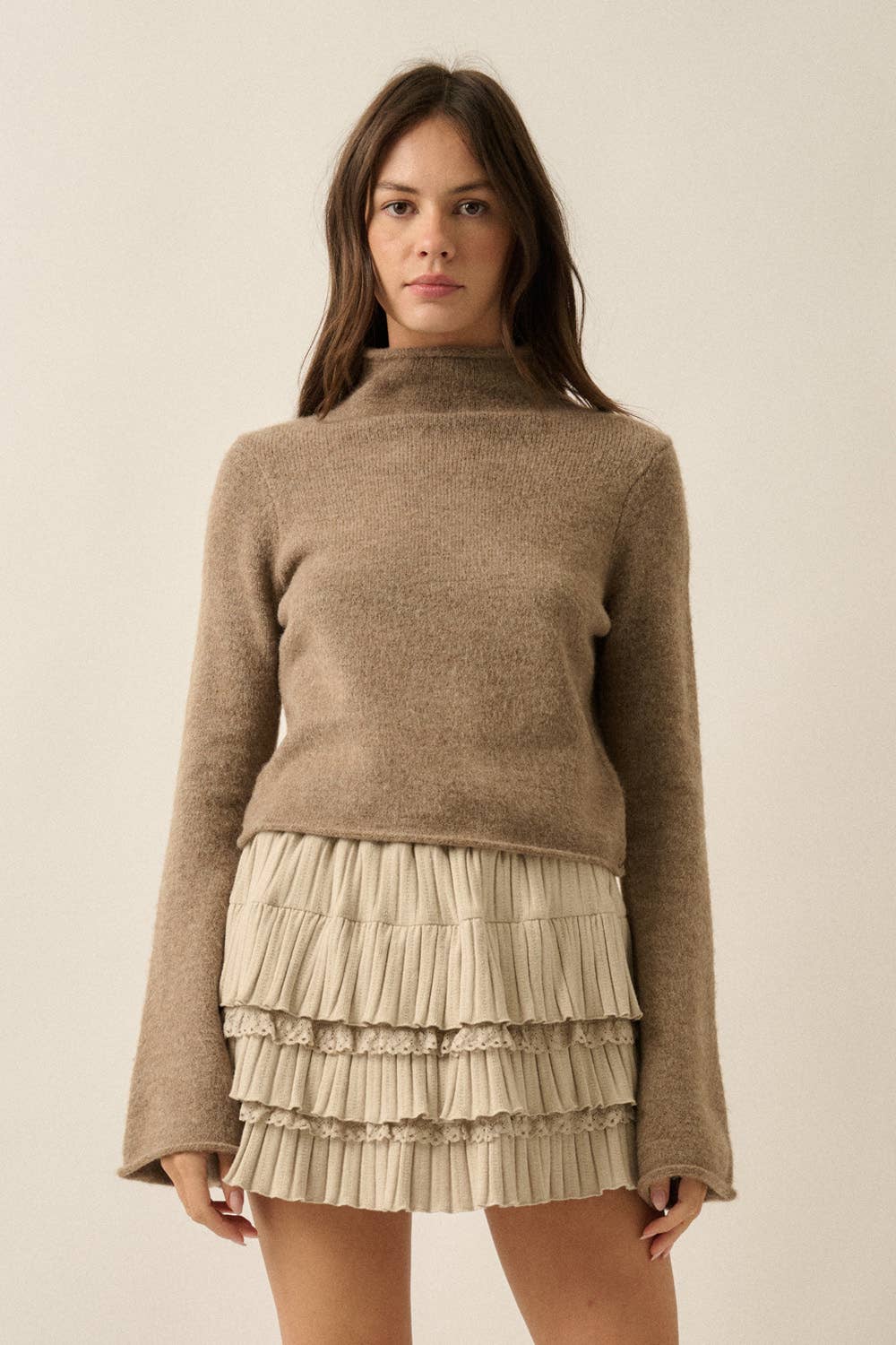 Promesa USA - Solid Knit Mock-Neck Bell-Sleeve Rolled-Edge Crop Sweater: Oatmeal / L