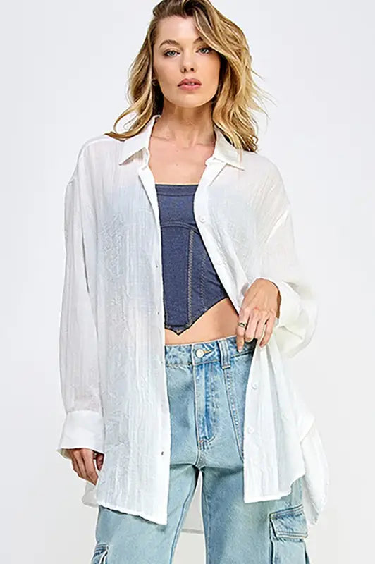 Beach Bound Button Down White