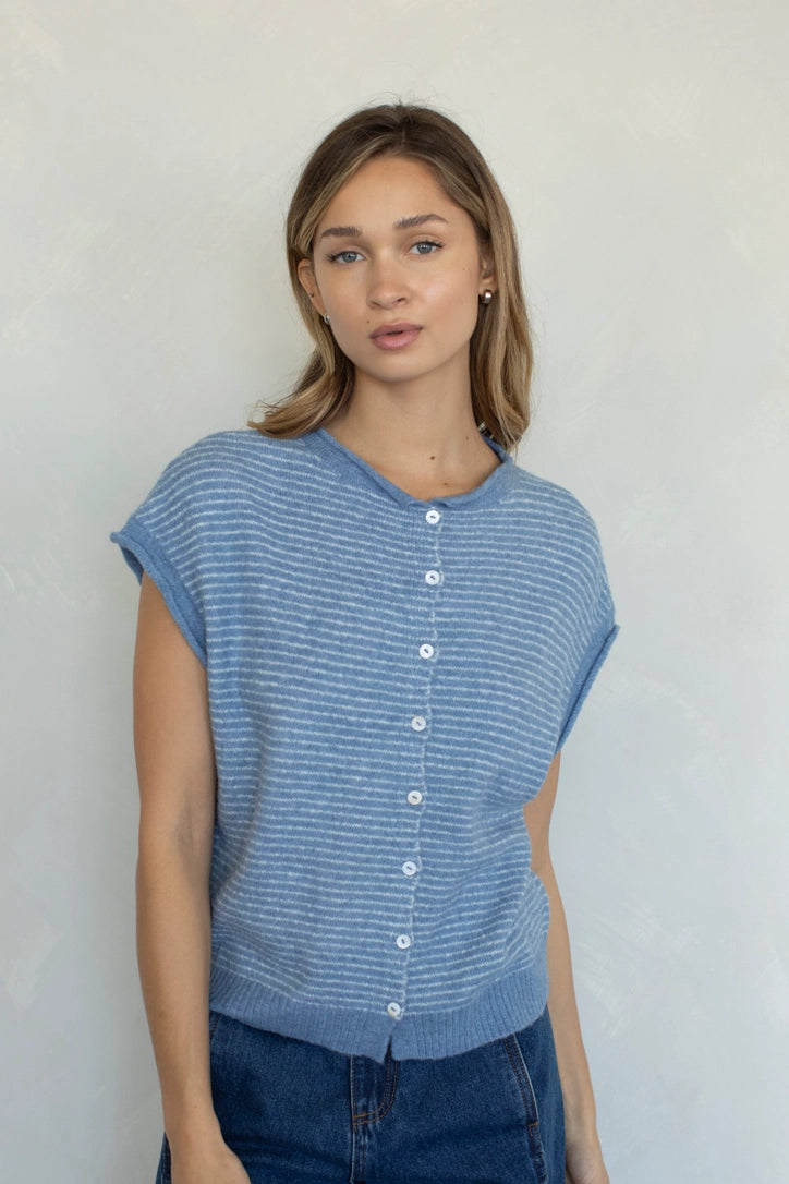True Tides Cardigan Dusty Blue Stripe