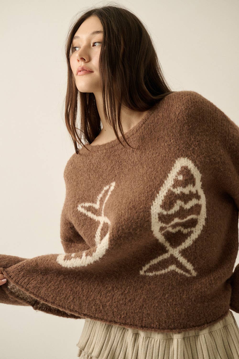 Promesa USA - Fish Jacquard-Knit Drop-Shoulder Rolled-Edge Sweater: Taupe / L