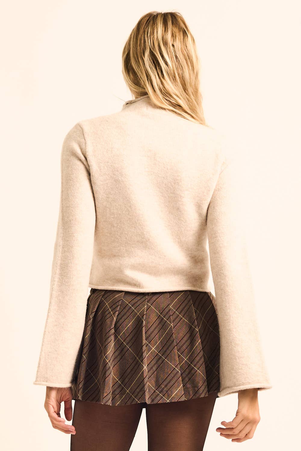 Promesa USA - Solid Knit Mock-Neck Bell-Sleeve Rolled-Edge Crop Sweater: Oatmeal / L