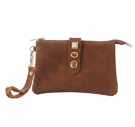 Gemstone Suede Wristlet Pouch Caramel