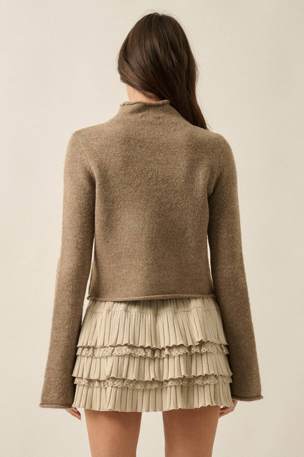 Promesa USA - Solid Knit Mock-Neck Bell-Sleeve Rolled-Edge Crop Sweater: Oatmeal / L