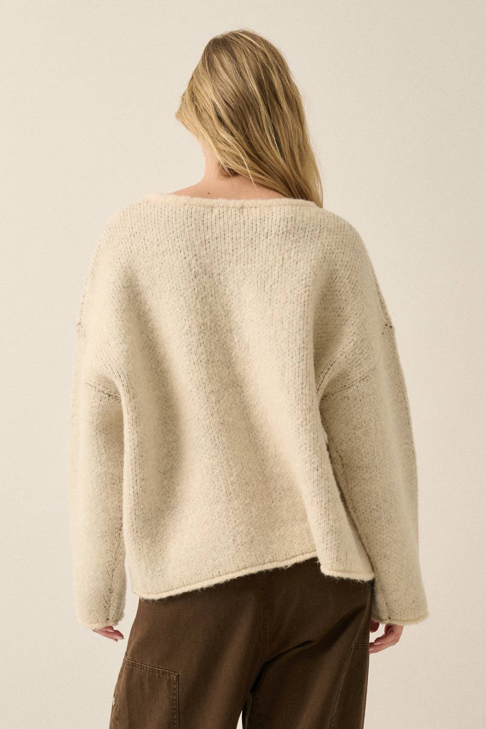 Promesa USA - Fish Jacquard-Knit Drop-Shoulder Rolled-Edge Sweater: Taupe / L