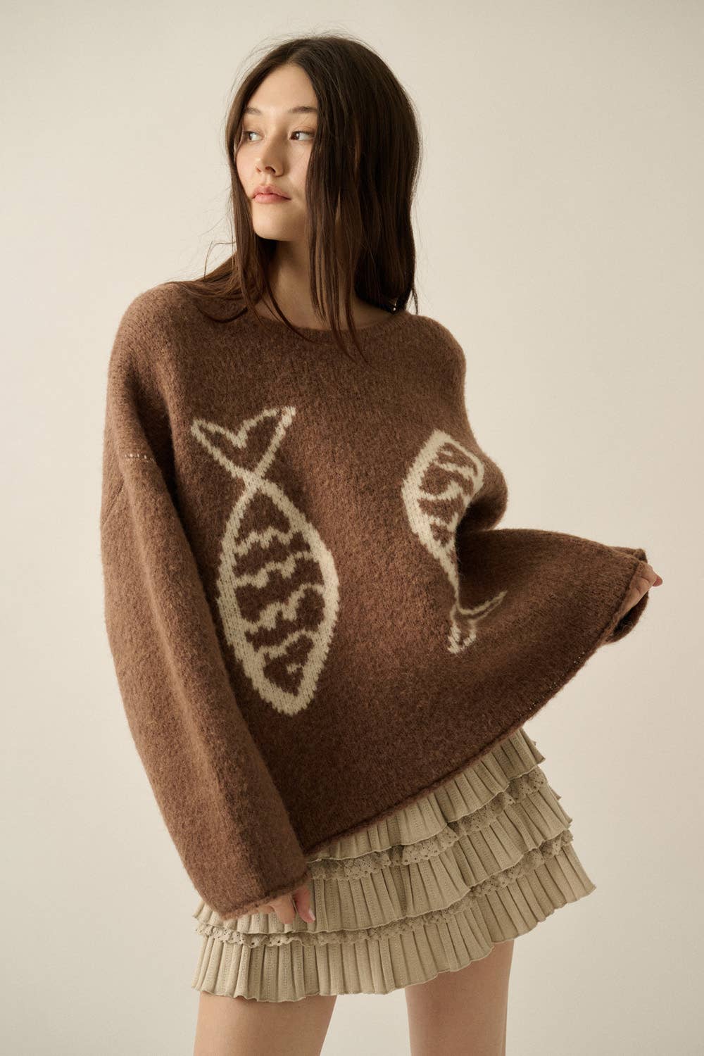 Promesa USA - Fish Jacquard-Knit Drop-Shoulder Rolled-Edge Sweater: Taupe / L