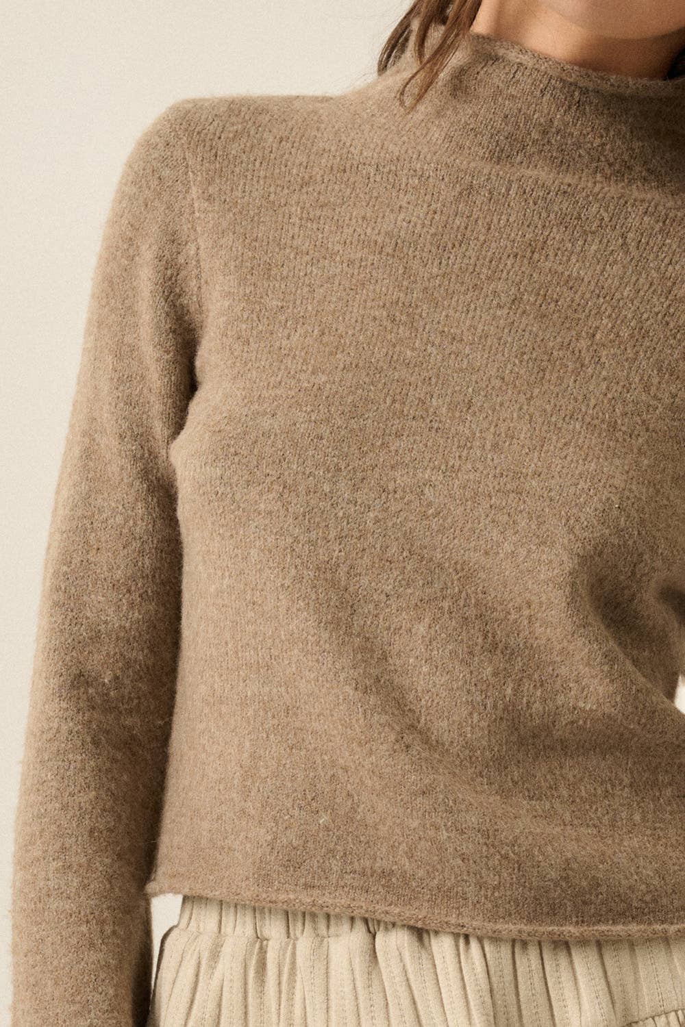 Promesa USA - Solid Knit Mock-Neck Bell-Sleeve Rolled-Edge Crop Sweater: Oatmeal / L