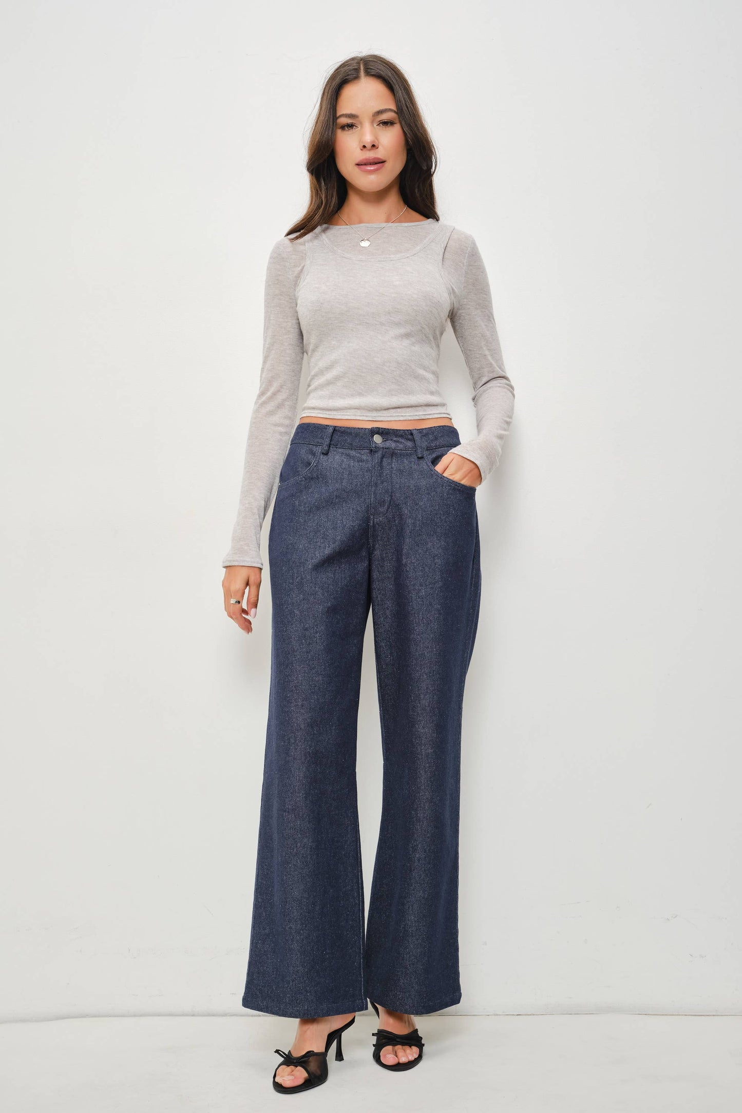 Pretty Garbage - MADDY SHEER DOUBLE LAYERED LONG SLEEVE KNIT TOP : Light Heather Grey / L