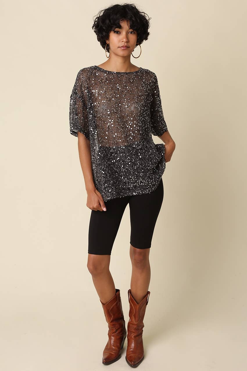 Rena Sequin Mesh Top Black