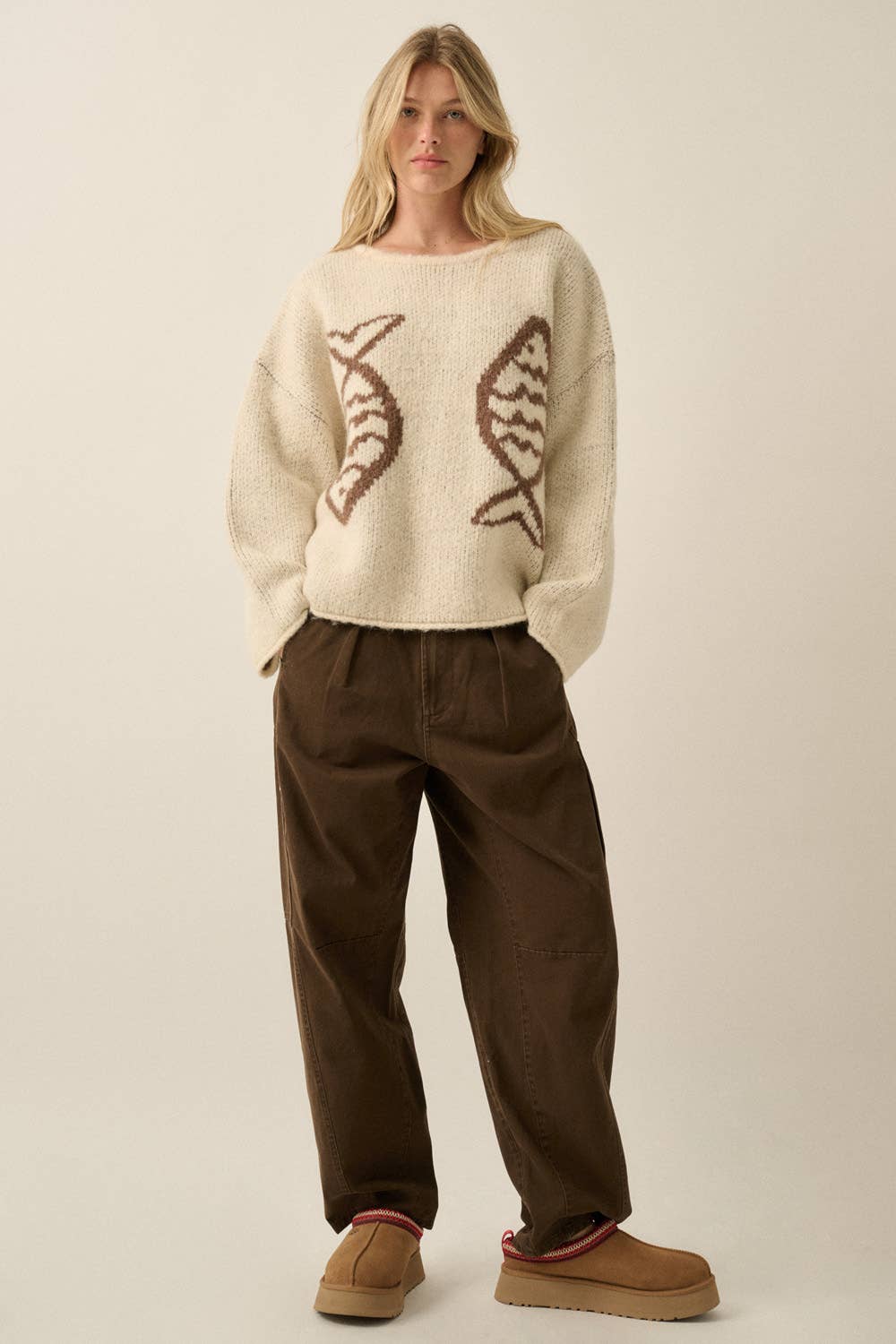 Promesa USA - Fish Jacquard-Knit Drop-Shoulder Rolled-Edge Sweater: Taupe / L