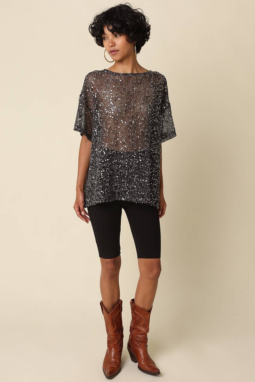 Rena Sequin Mesh Top Black
