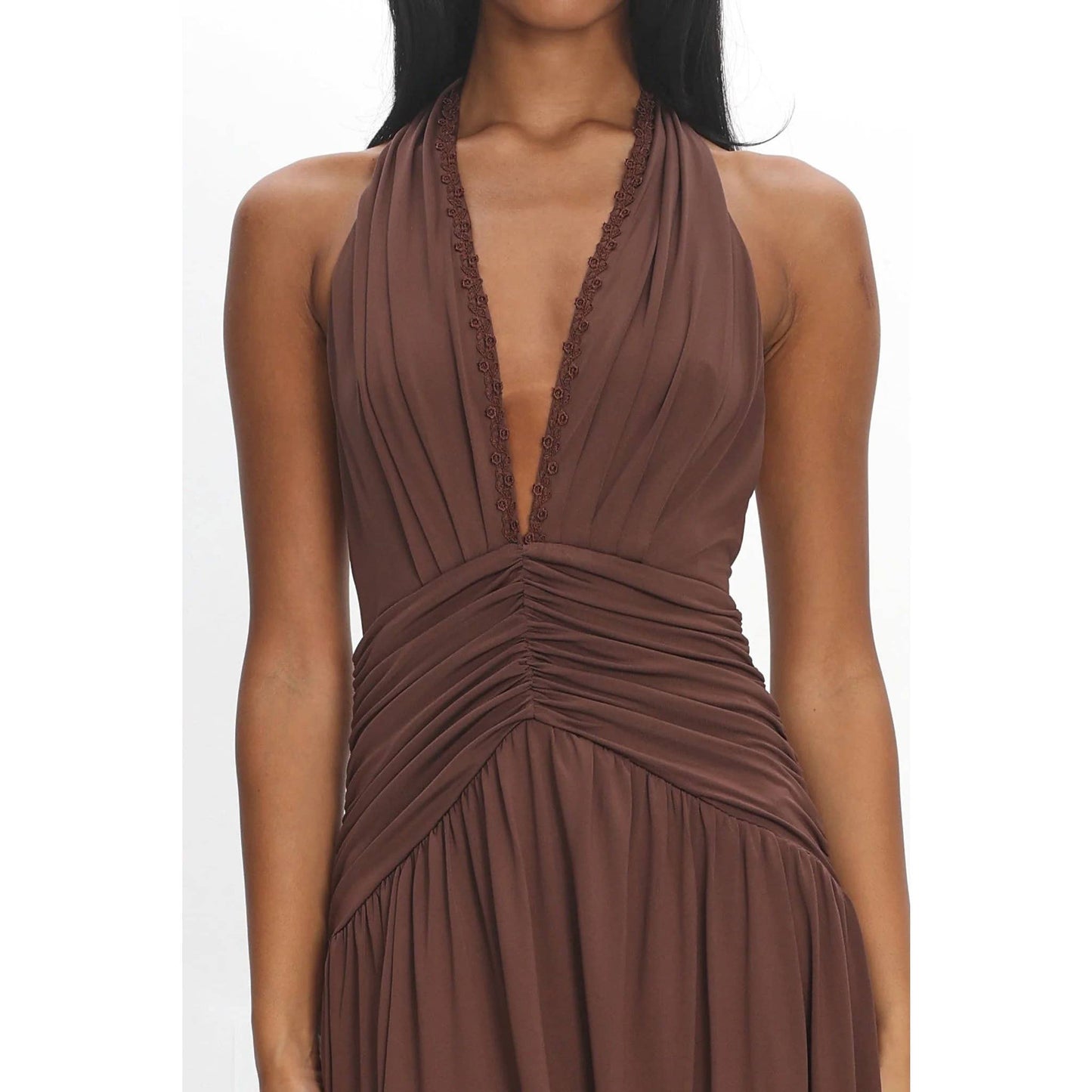 One and Only Collective - PLUNGE HALTER RUCHED MAXI DRESS: CHOCOLATE / XS-S-M-L(1-3-2-1)