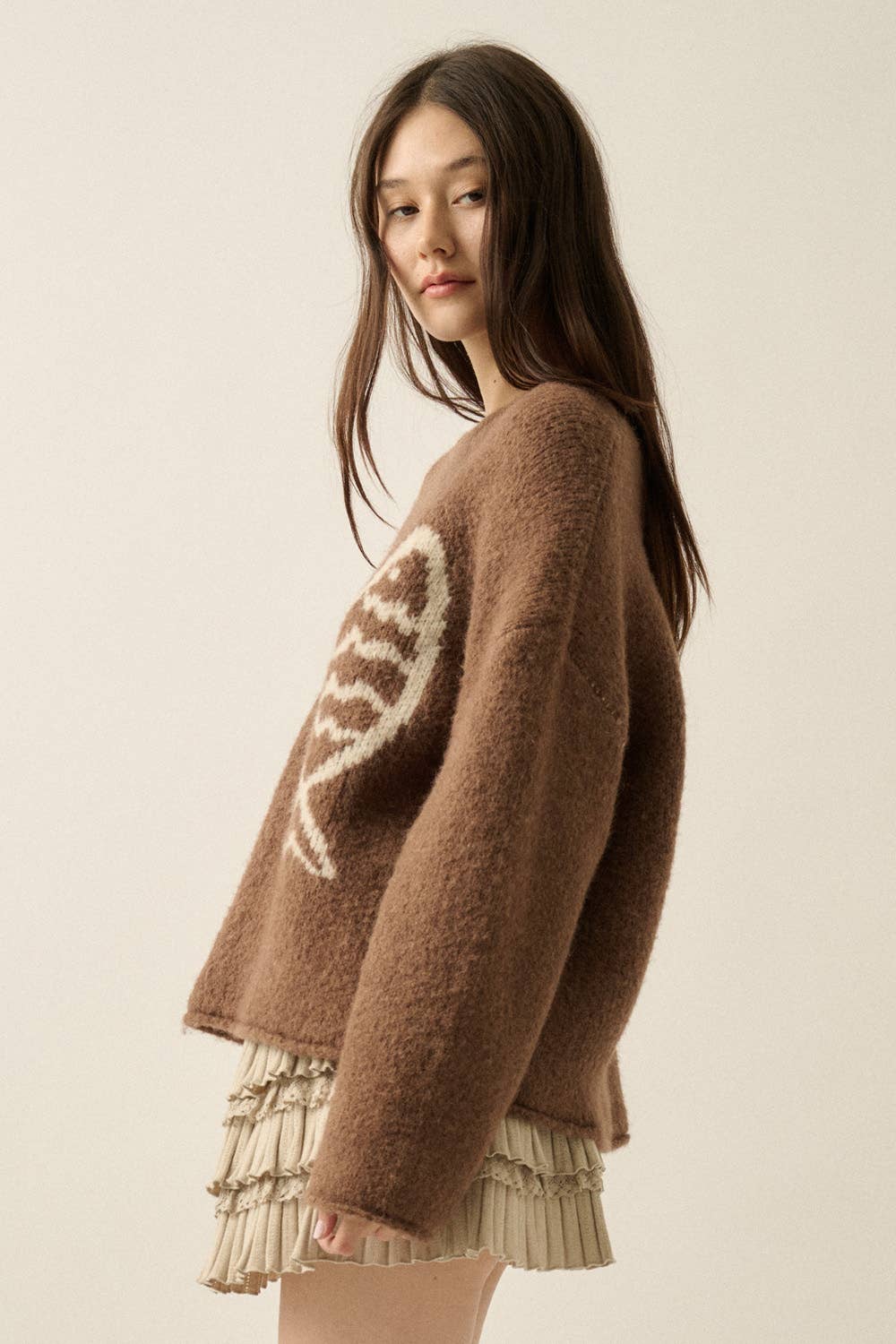 Promesa USA - Fish Jacquard-Knit Drop-Shoulder Rolled-Edge Sweater: Taupe / L