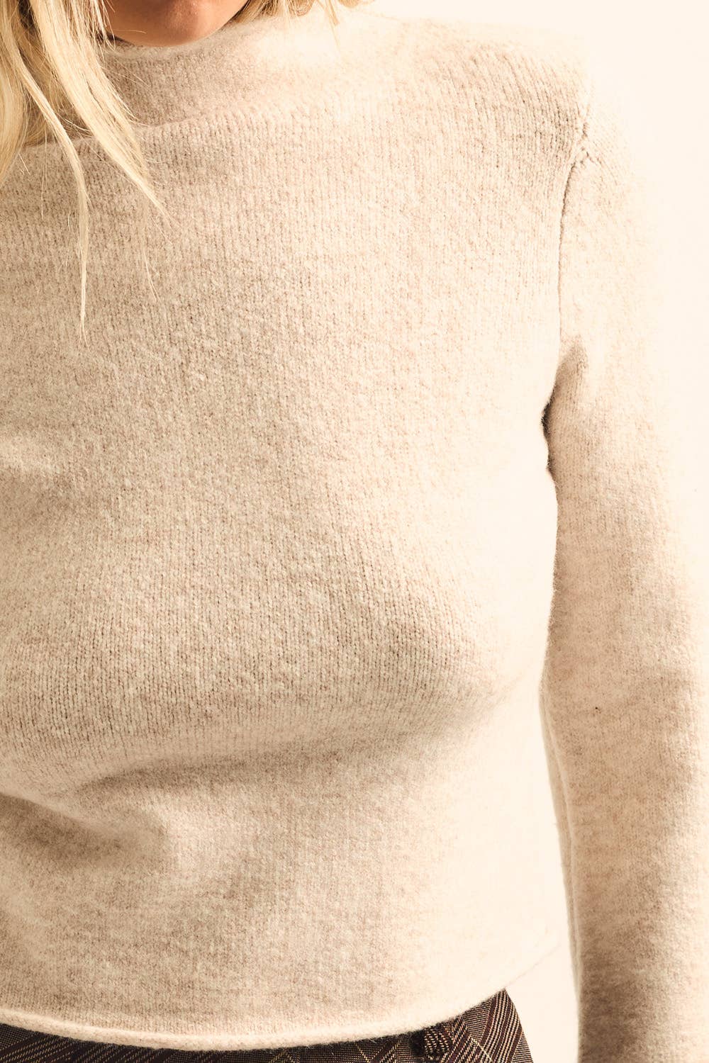 Promesa USA - Solid Knit Mock-Neck Bell-Sleeve Rolled-Edge Crop Sweater: Oatmeal / L