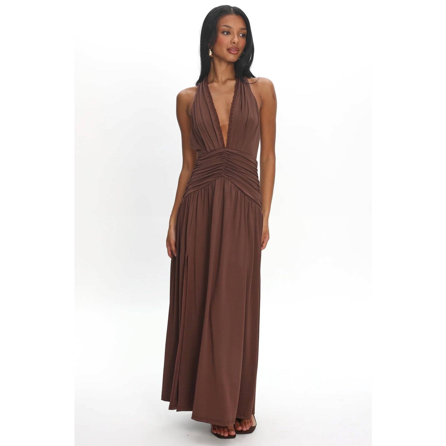 One and Only Collective - PLUNGE HALTER RUCHED MAXI DRESS: CHOCOLATE / XS-S-M-L(1-3-2-1)