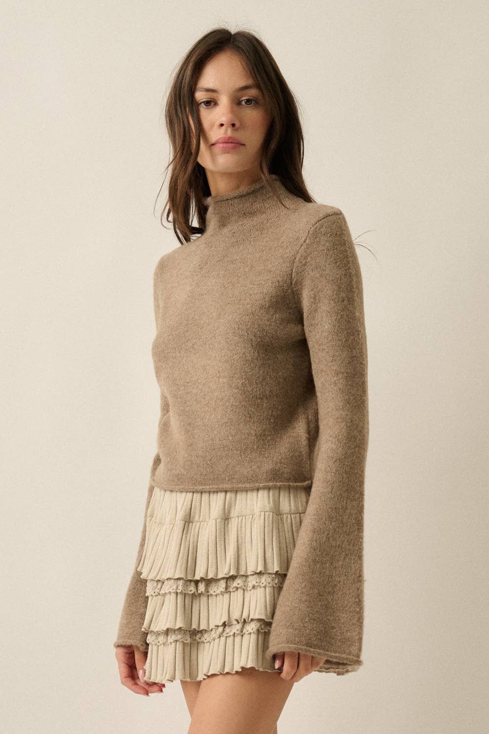 Promesa USA - Solid Knit Mock-Neck Bell-Sleeve Rolled-Edge Crop Sweater: Oatmeal / L