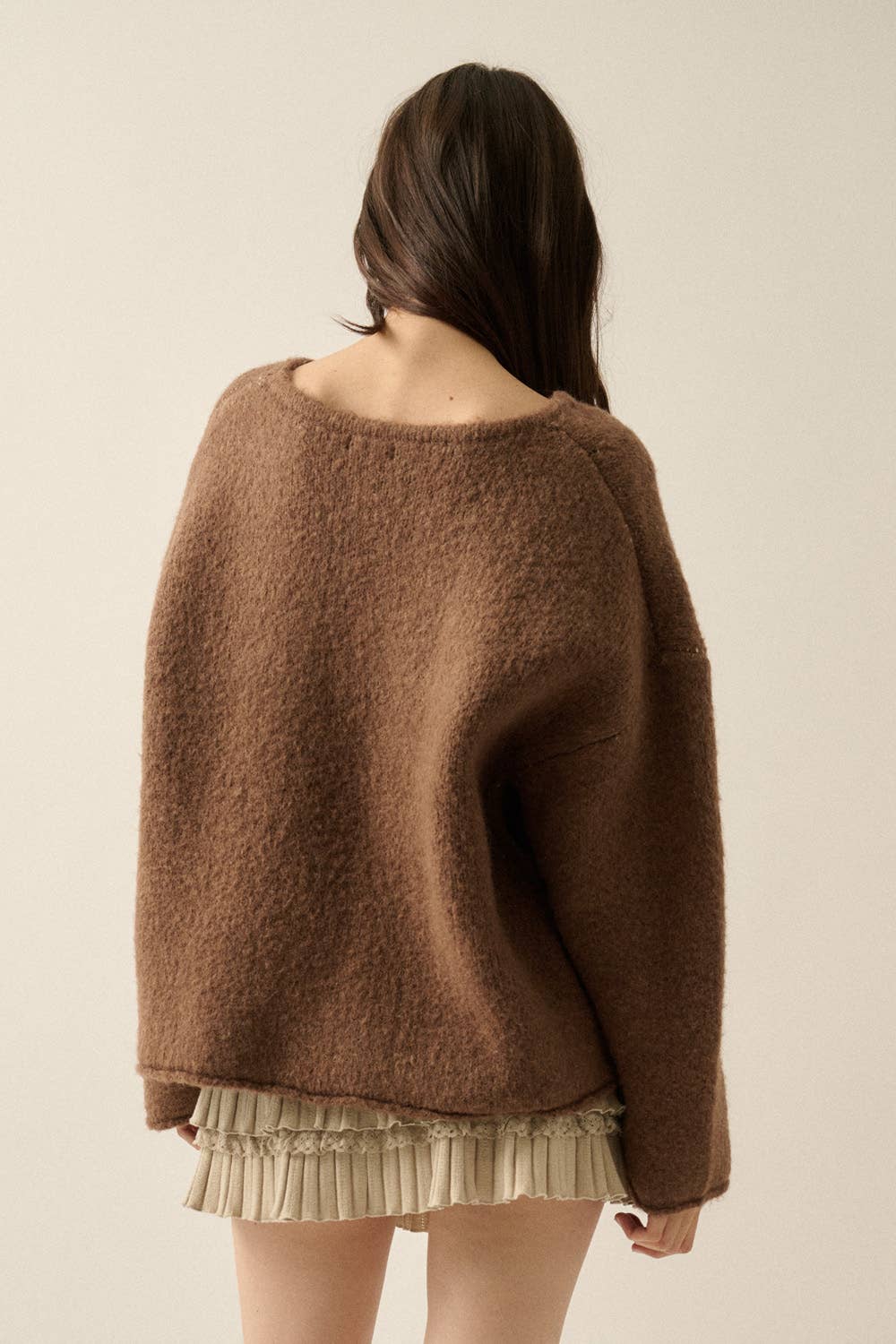 Promesa USA - Fish Jacquard-Knit Drop-Shoulder Rolled-Edge Sweater: Taupe / L