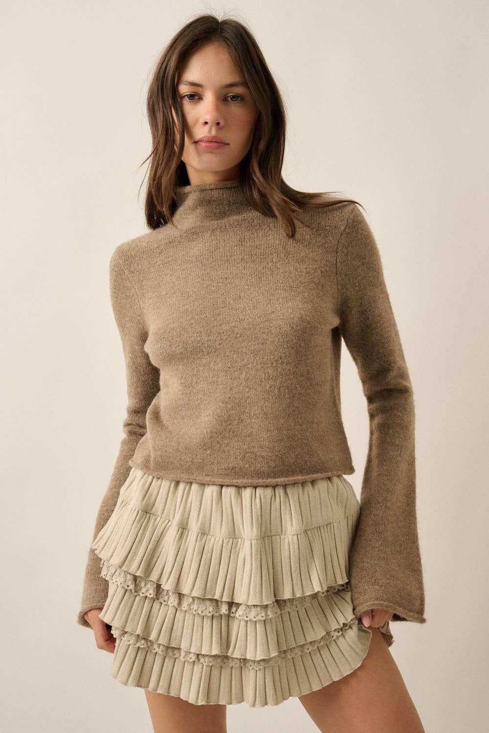 Promesa USA - Solid Knit Mock-Neck Bell-Sleeve Rolled-Edge Crop Sweater: Oatmeal / L
