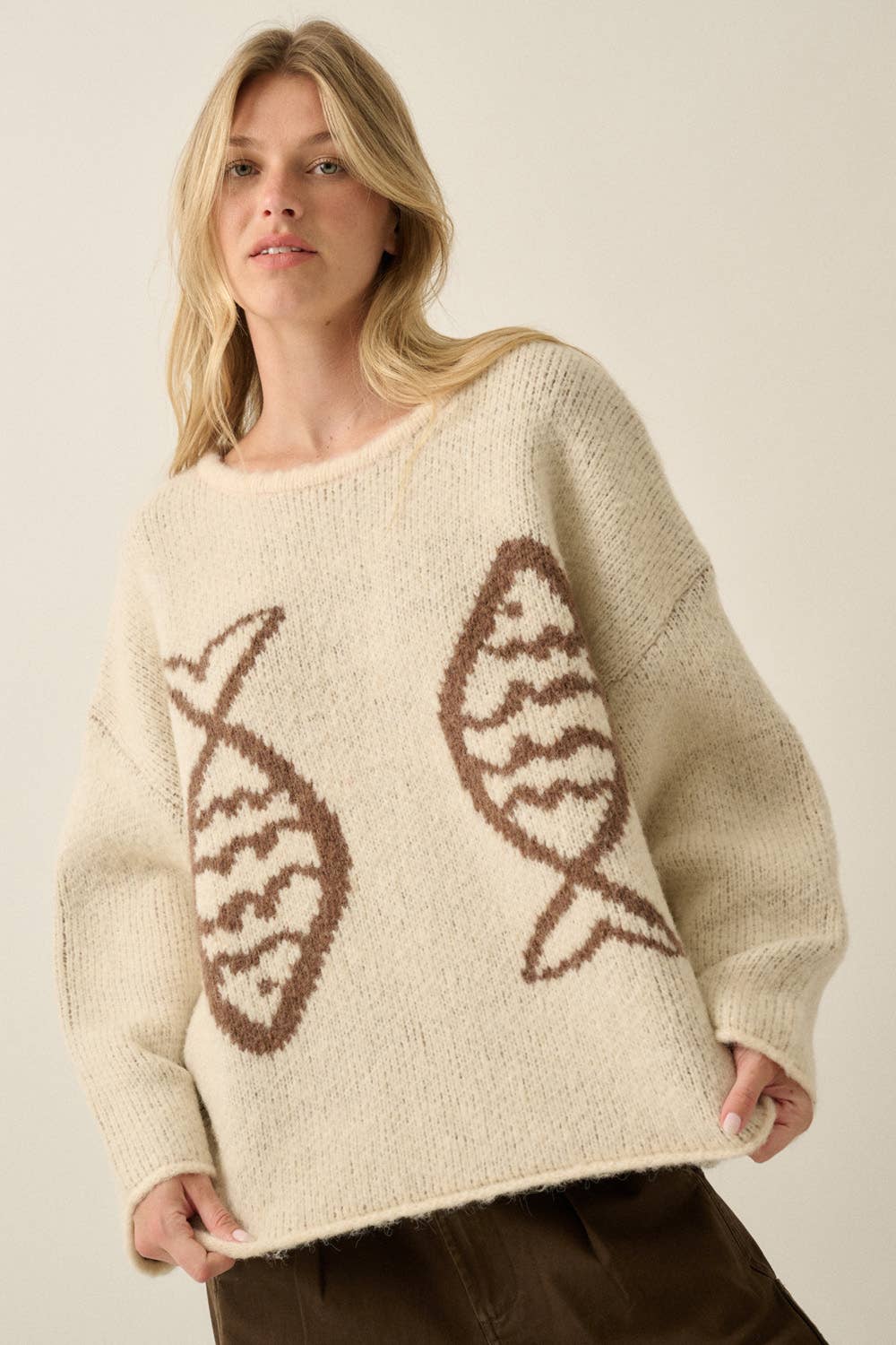 Promesa USA - Fish Jacquard-Knit Drop-Shoulder Rolled-Edge Sweater: Taupe / L