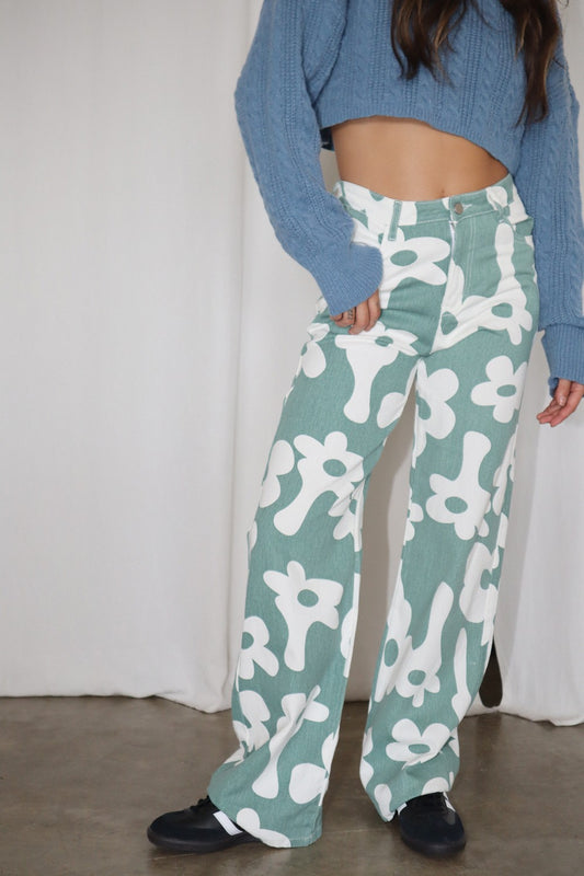 Drippy Floral Pants Sage