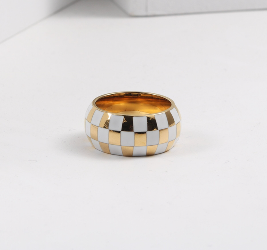 White & Gold Check Dome Ring