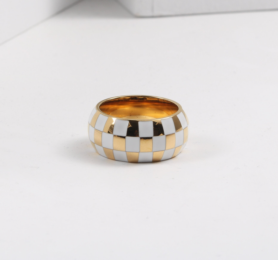 White & Gold Check Dome Ring